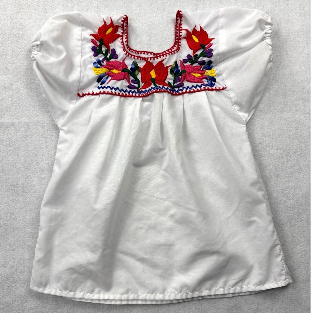 Vintage Mexican Dress Toddler Girls 4T 5 White Embroidered Floral Huipil Tunic